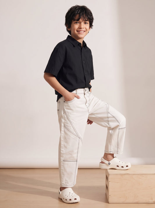 Boys White Lycra Solid Balloon Fit Jeans