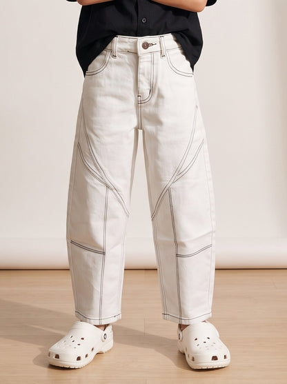 Boys White Lycra Solid Balloon Fit Jeans