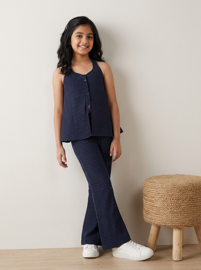 Girls Blue Denim Top & Bell Bottom Pant Co Ord Set