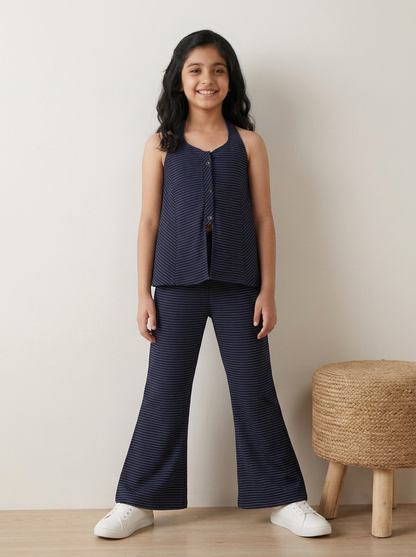 Girls Blue Denim Top & Bell Bottom Pant Co Ord Set