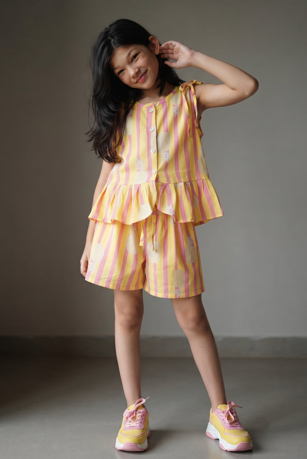 Girls Yellow & Pink Striped Top & Shorts Co-Ord Set