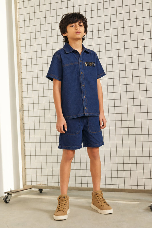 Boys Dark Blue Denim Oversized Shirt & Shorts Co-Ord Set