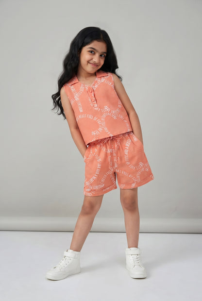 Girls Orange Printed Top & Shorts Co-Ord Set