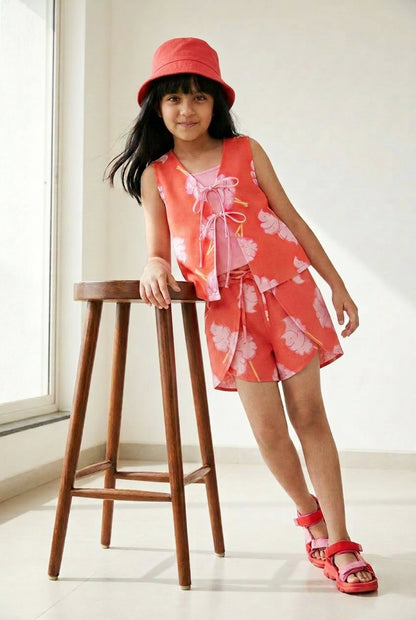 Girls Red Printed Sleeveless Tie-Up Top, Camisole & Drawstring Shorts 3-Piece Outfit Set