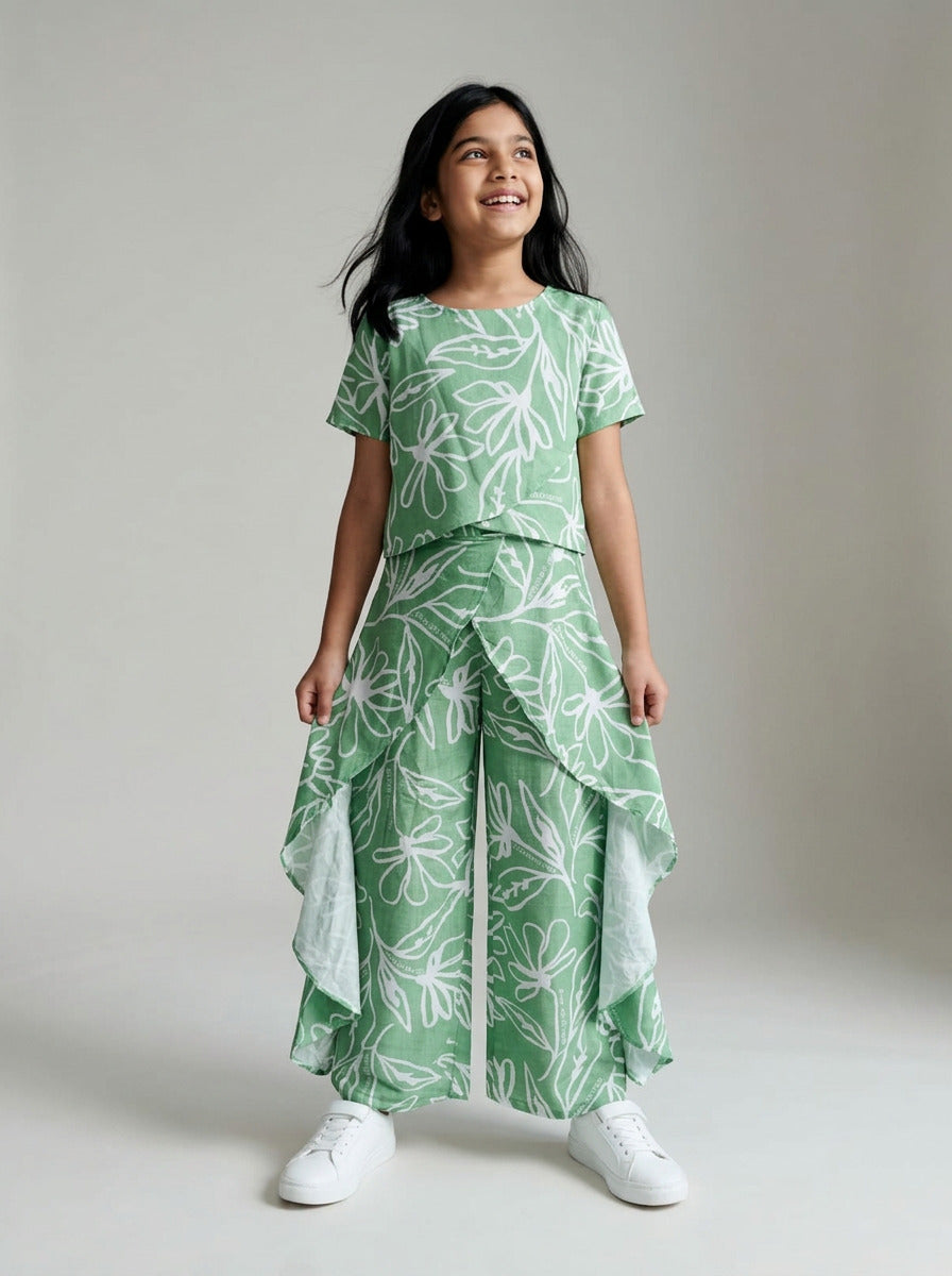 Girls Green Printed Viscose Top Pant Co-ord Set