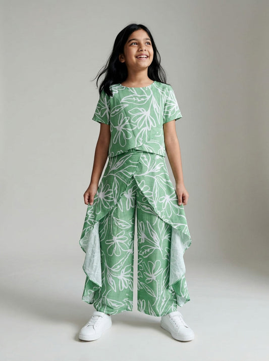 Girls Green Printed Viscose Top Pant Co-ord Set