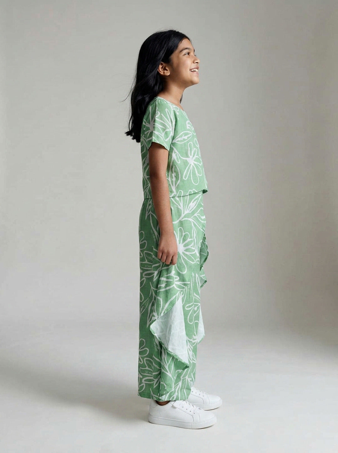 Girls Green Printed Viscose Top Pant Co-ord Set