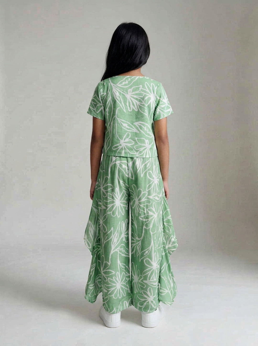 Girls Green Printed Viscose Top Pant Co-ord Set