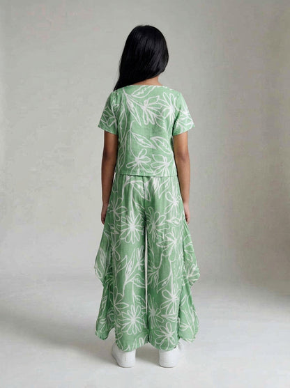 Girls Green Printed Viscose Top Pant Co-ord Set