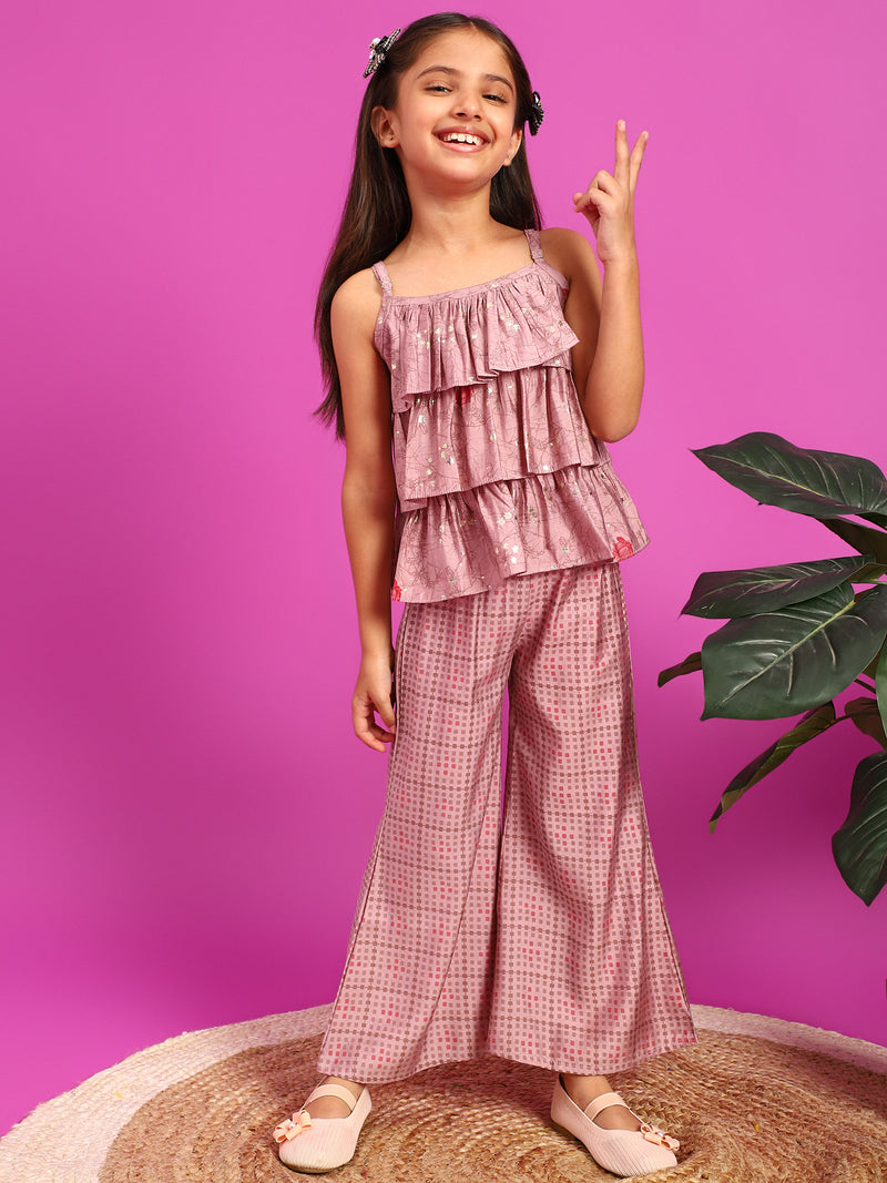 Girls Pink Rayon Printed Top With Palazzo Co-Ord Set