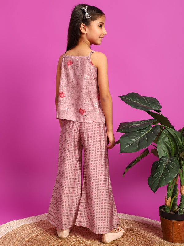 Girls Pink Rayon Printed Top With Palazzo Co-Ord Set