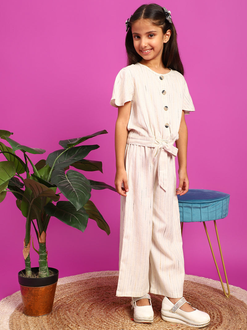 Girls Cream Rayon Slub Top With Palazzo Co-Ord Set