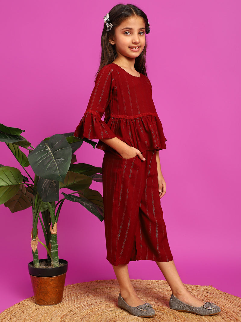 Girls Maroon Rayon Striped Top With Palazzo Co-Ord Set