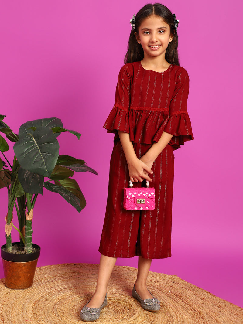 Girls Maroon Rayon Striped Top With Palazzo Co-Ord Set