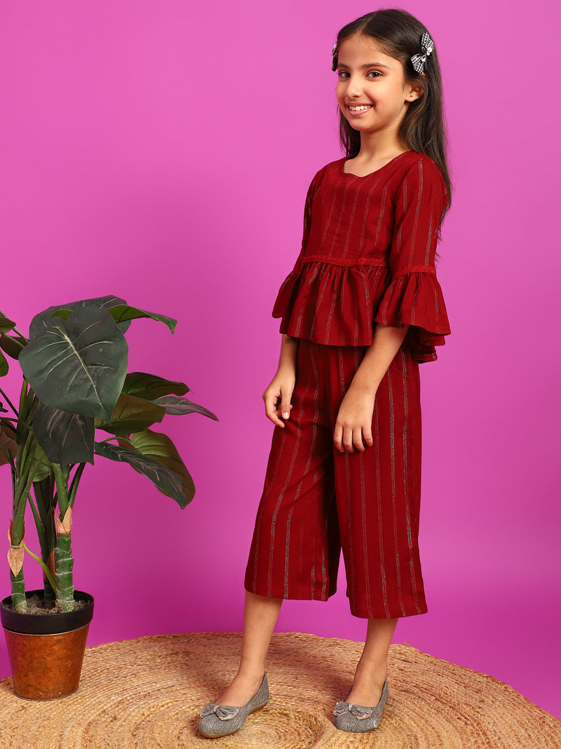 Girls Maroon Rayon Striped Top With Palazzo Co-Ord Set