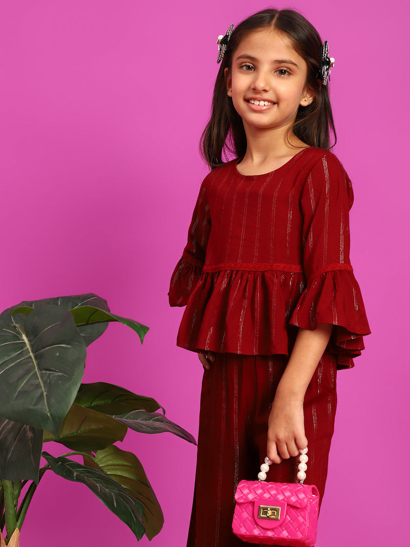 Girls Maroon Rayon Striped Top With Palazzo Co-Ord Set