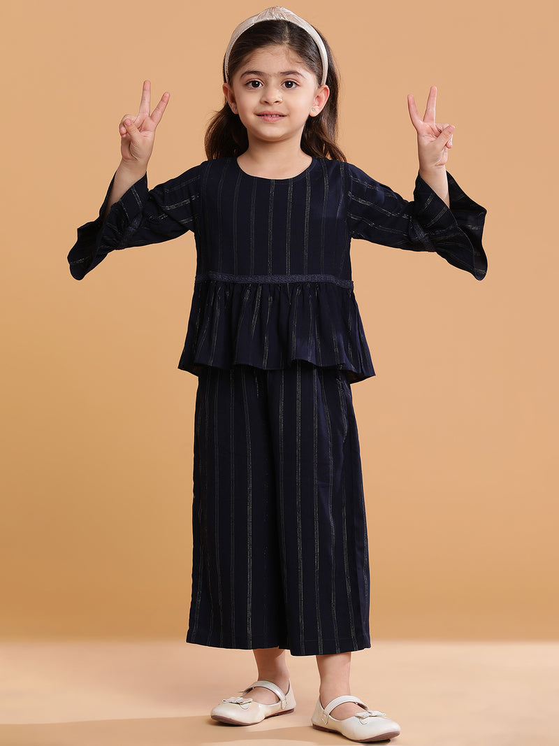 Girls Rayon Navy Blue Striped Co-Ord Set