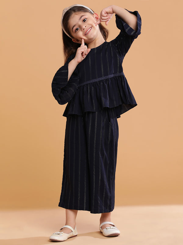 Girls Rayon Navy Blue Striped Co-Ord Set