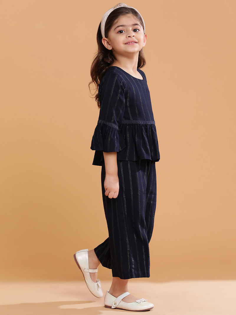 Girls Rayon Navy Blue Striped Co-Ord Set