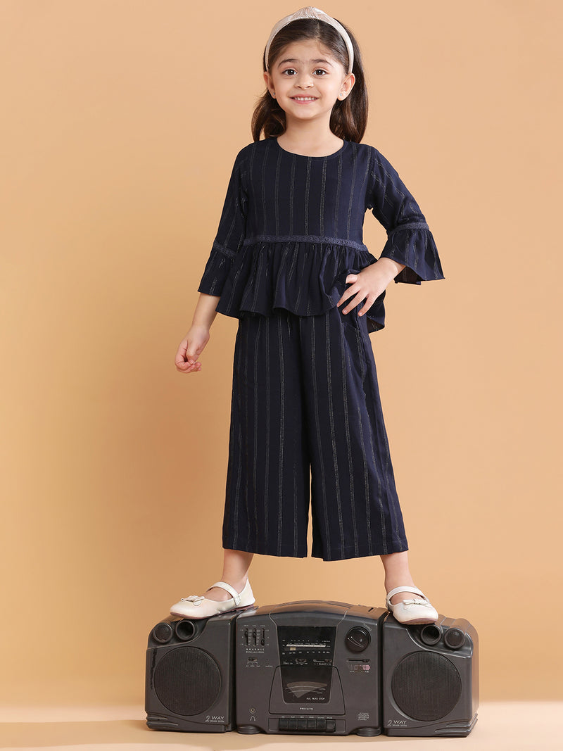 Girls Rayon Navy Blue Striped Co-Ord Set