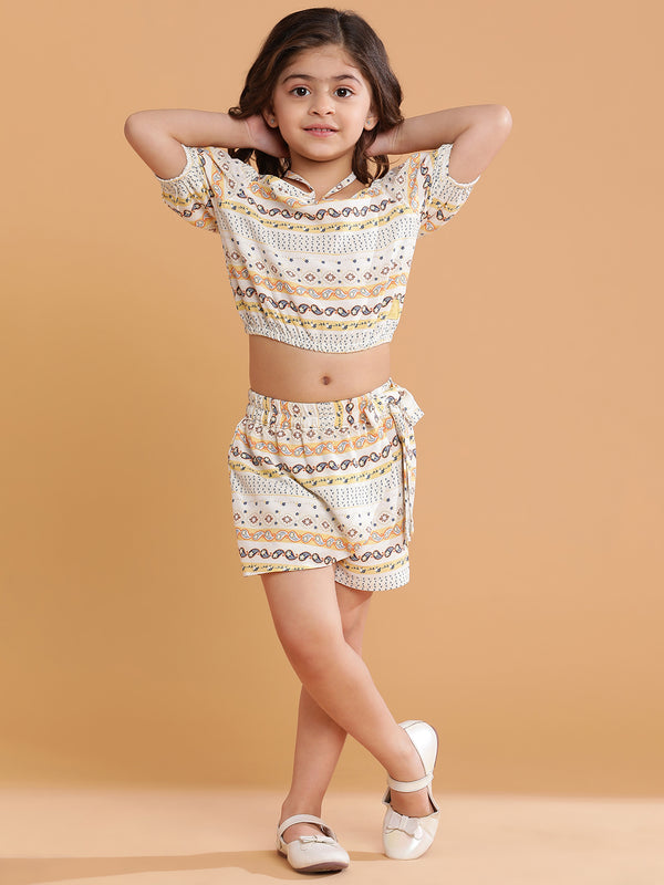 Girls Rayon Yellow Printed Cropped Top With Skort For