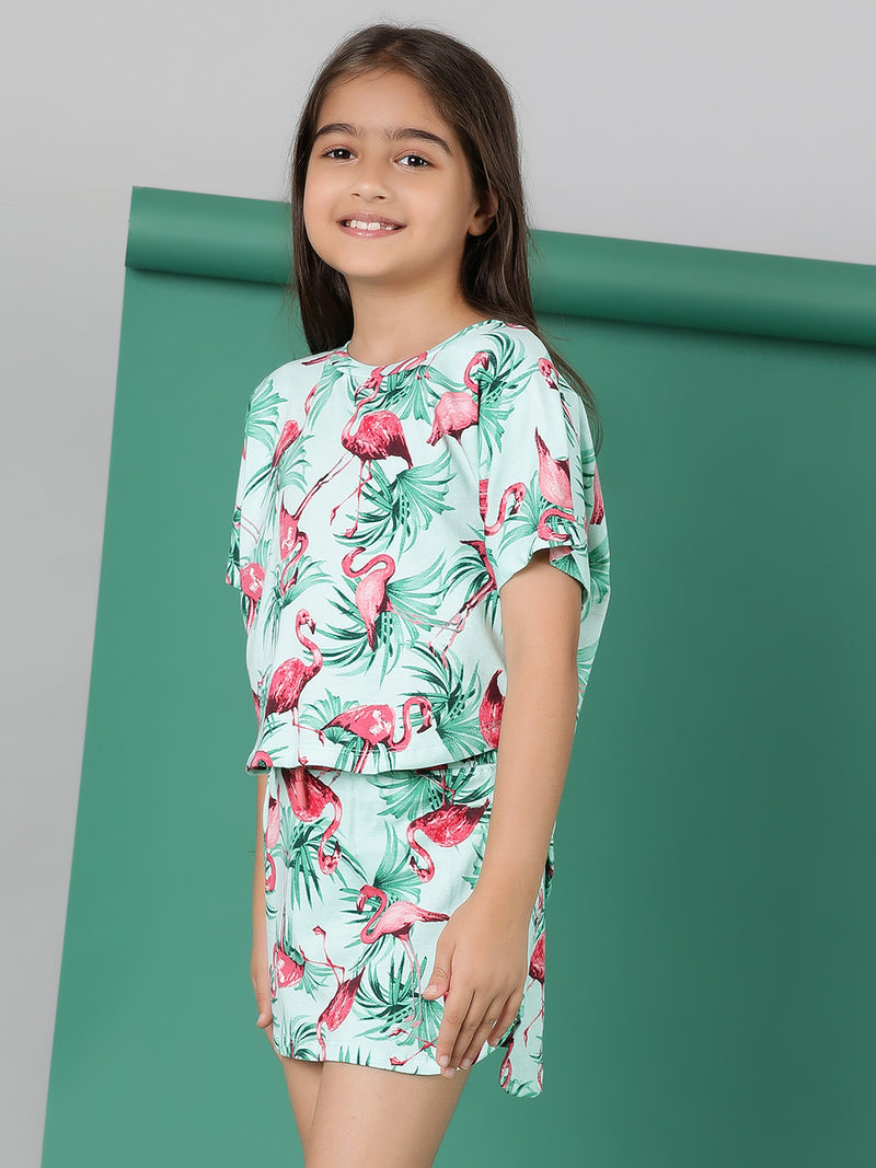 Girls Green Cotton T-Shirt & Skirt Co-ords Set