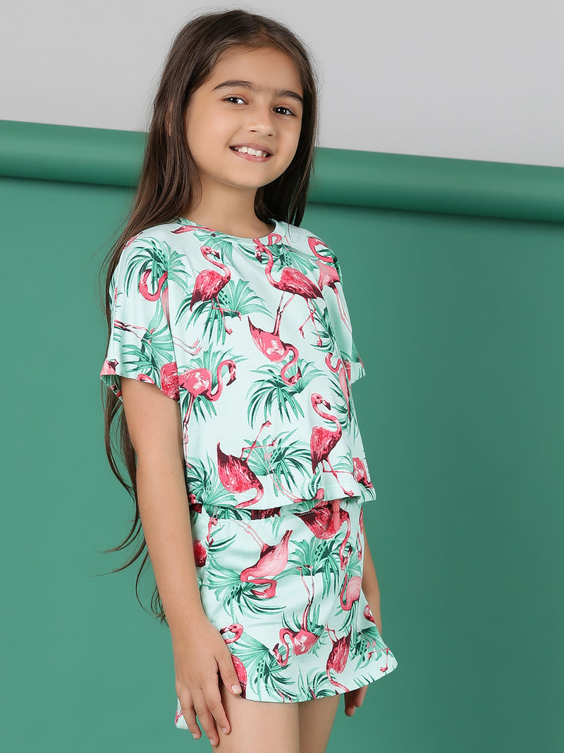 Girls Green Cotton T-Shirt & Skirt Co-ords Set