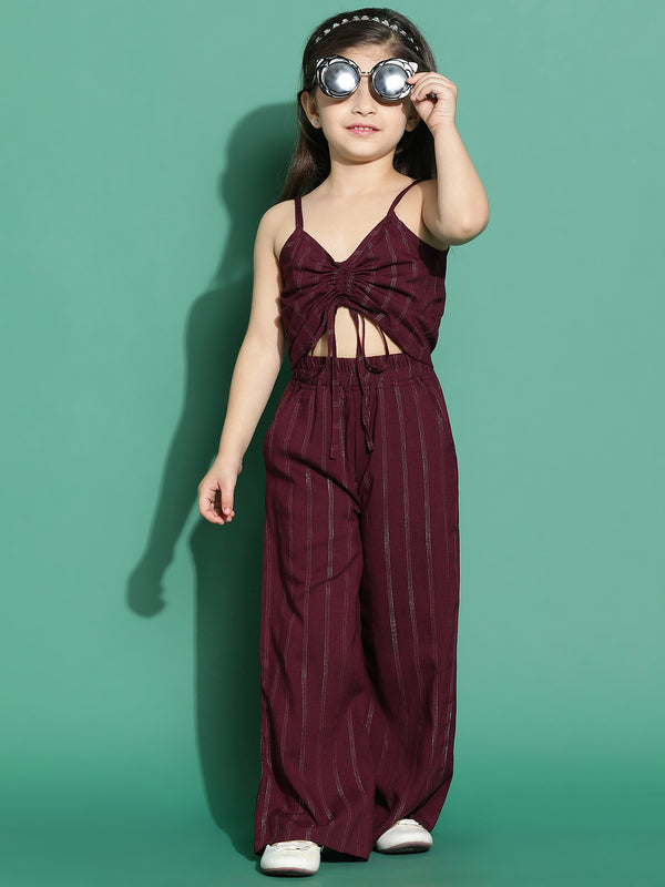 Girls Rayon Wine Striped Co-Ord Set