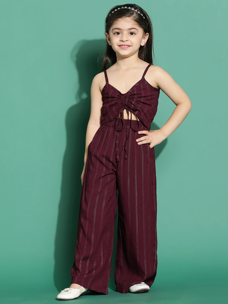 Girls Rayon Wine Striped Co-Ord Set