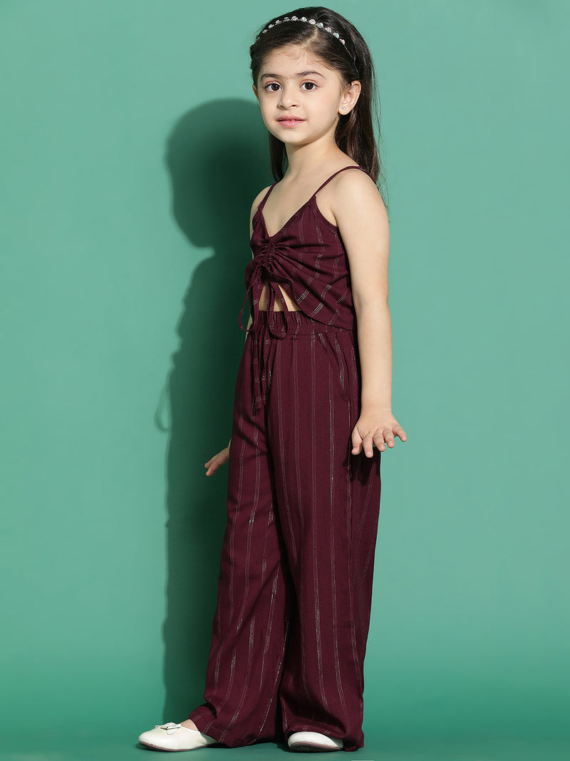 Girls Rayon Wine Striped Co-Ord Set