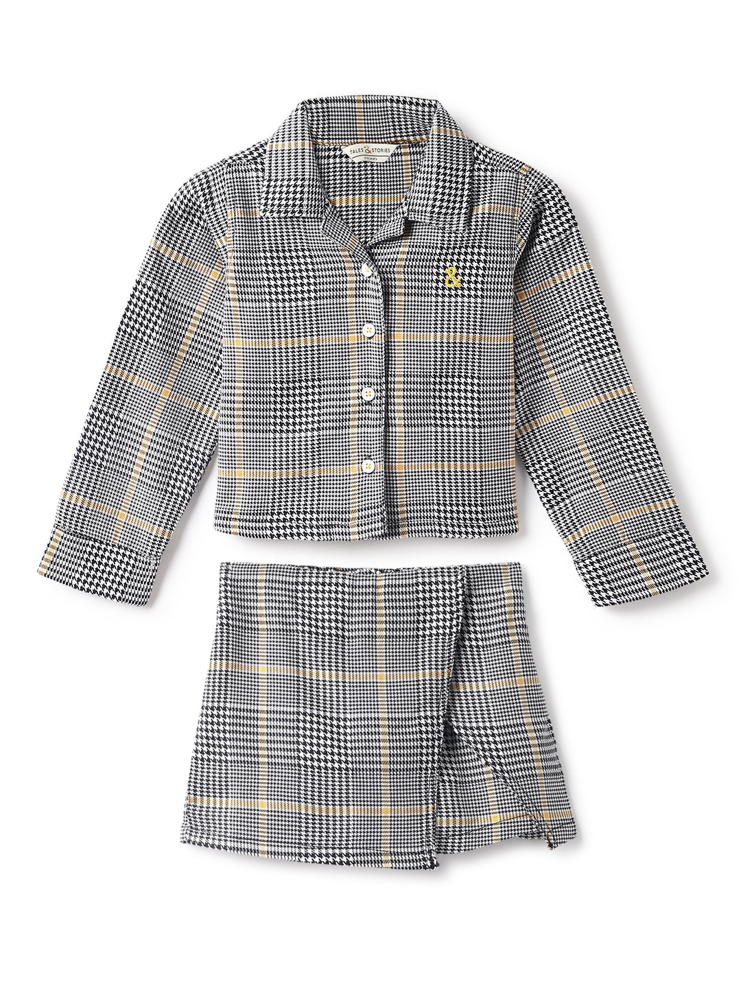 Girls Black Cotton Checks Crapped Shirt & Skort Co-Ord Set