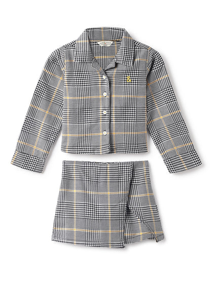 Girls Black Cotton Checks Crapped Shirt & Skort Co-Ord Set