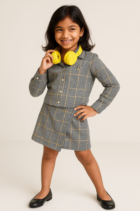 Girls Black Cotton Checks Crapped Shirt & Skort Co-Ord Set