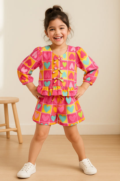 Girls Pink Viscose Casual Half Sleeve Top & Shorts Printed Co- Ord Set