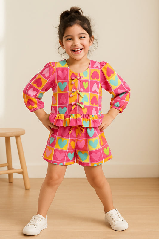 Girls Pink Viscose Casual Half Sleeve Top & Shorts Printed Co- Ord Set