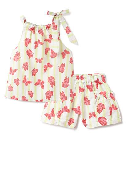 Girls Cotton Red & Yellow Stripes Printed Co-ords Set