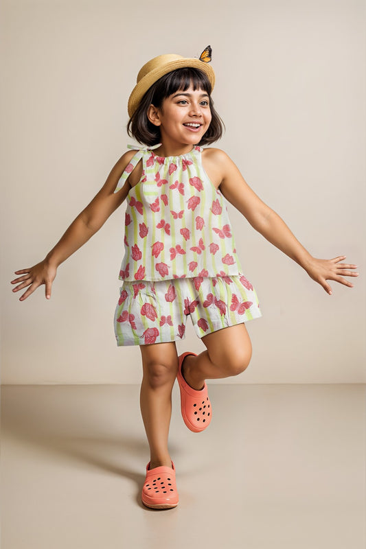 Girls Cotton Red & Yellow Stripes Printed Co-ords Set