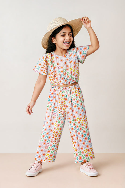 Girls Multi Color Viscose Floral Print Co-ords Set