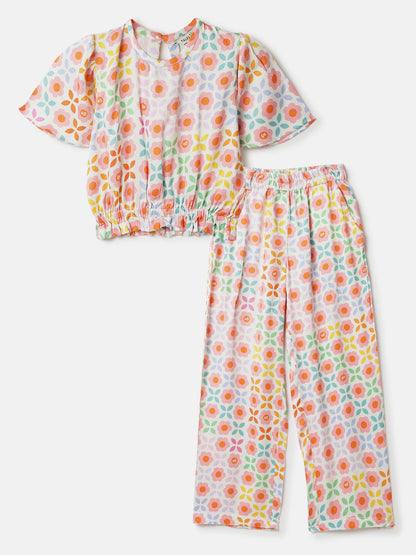 Girls Multi Color Viscose Floral Print Co-ords Set