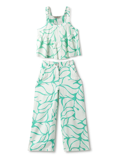 Girls Green Viscose Print Top & Pant Co Ord Set
