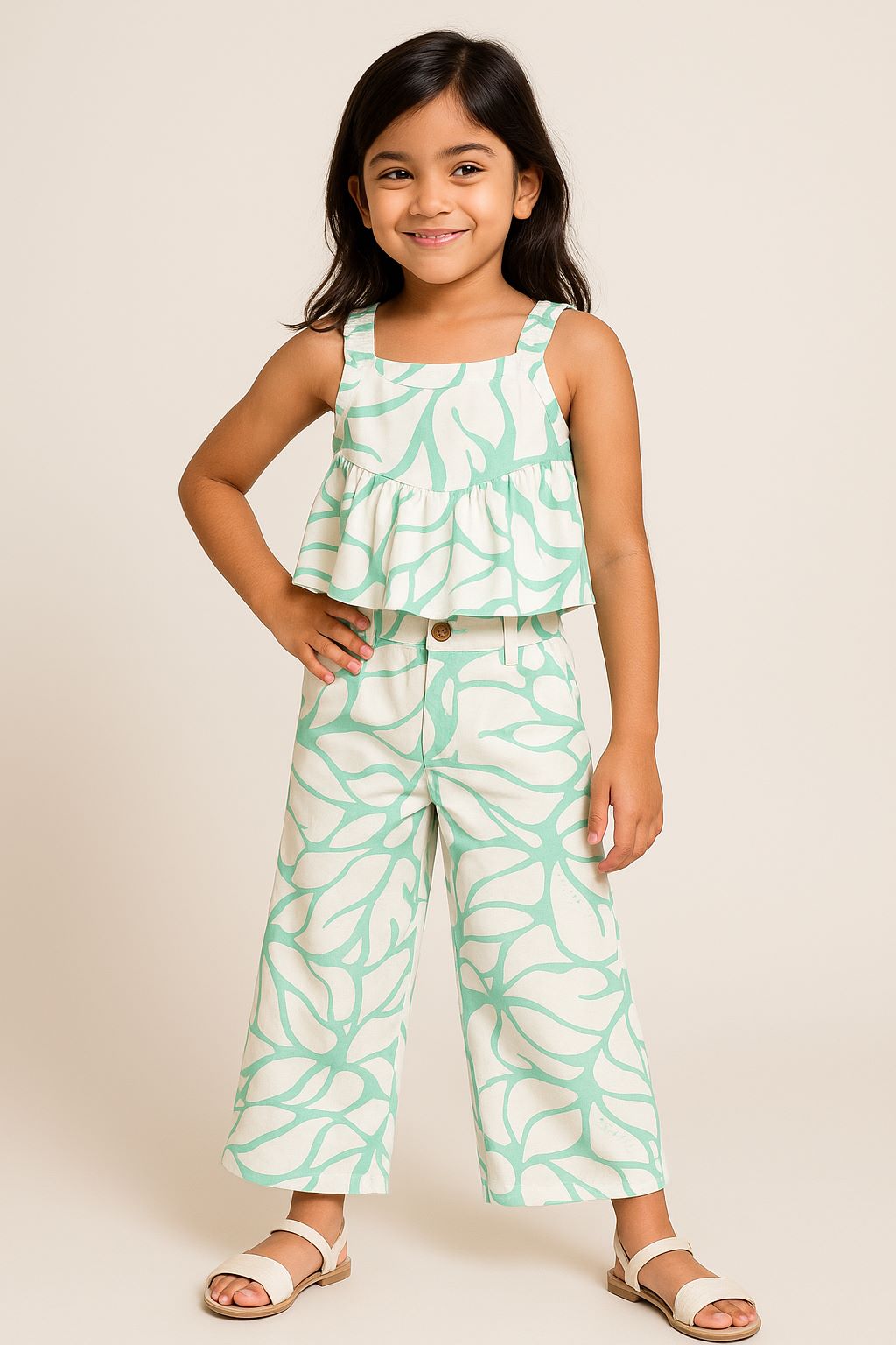 Girls Green Viscose Print Top & Pant Co Ord Set