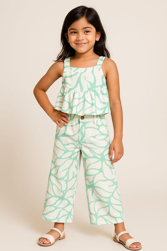 Girls Green Viscose Print Top & Pant Co Ord Set