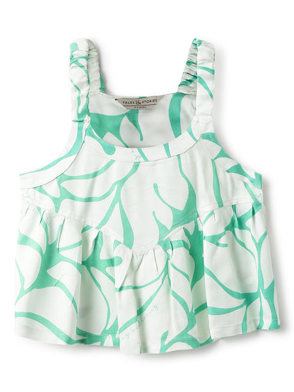 Girls Green Viscose Print Top & Pant Co Ord Set