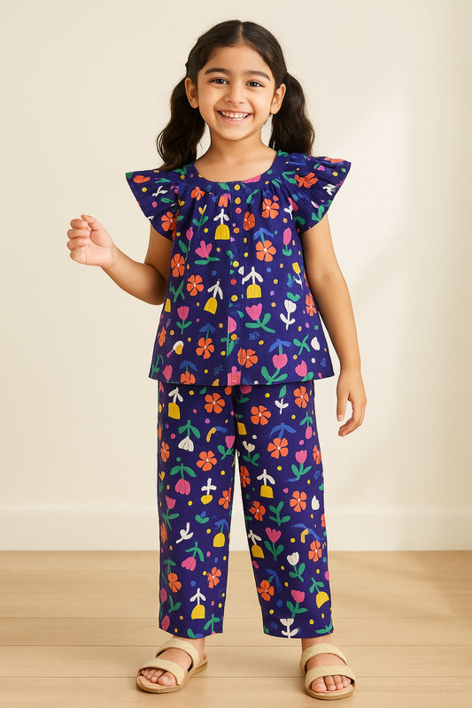 Girls Navy Blue Printed Cotton Cap Sleeve Regular Fit Co Ords Set