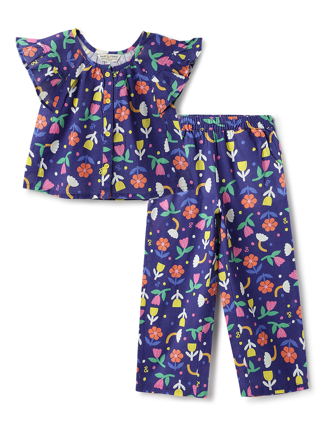 Girls Navy Blue Printed Cotton Cap Sleeve Regular Fit Co Ords Set
