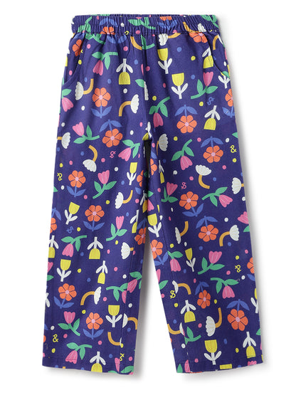 Girls Navy Blue Printed Cotton Cap Sleeve Regular Fit Co Ords Set