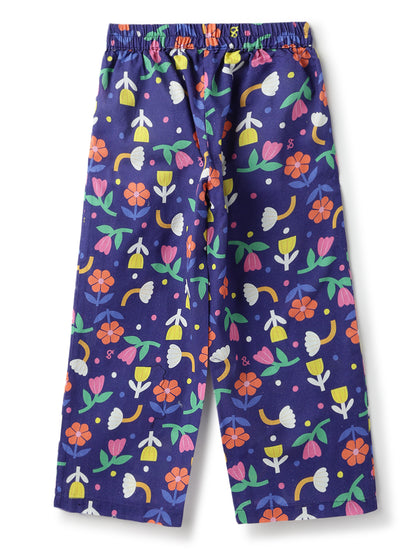 Girls Navy Blue Printed Cotton Cap Sleeve Regular Fit Co Ords Set
