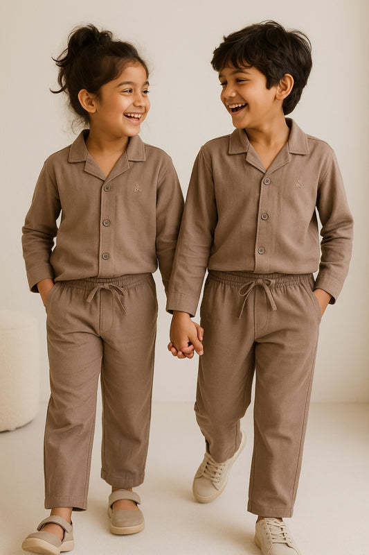 Boys Cotton Linen Brown Shirt & Trouser Co-Ord Set