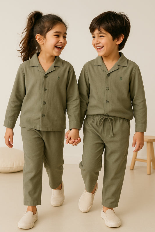 Boys Cotton Linen Olive Shirt & Trouser Co-Ord Set