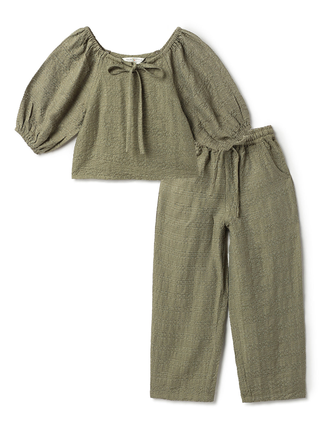 Girls Olive Green Solid Top & Palazzo Co-Ord Set